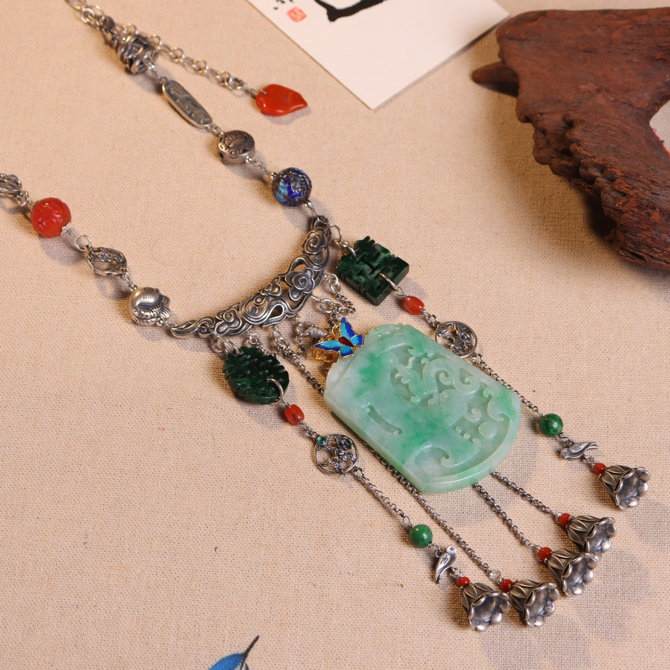 Chinese style jade inlaid sweater necklace