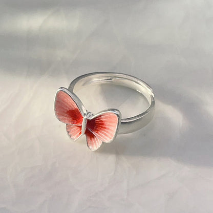 Chinese style enamel butterfly sterling silver ring