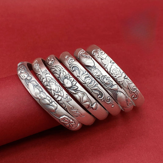 Chinese style relief Pisces sterling silver bracelet