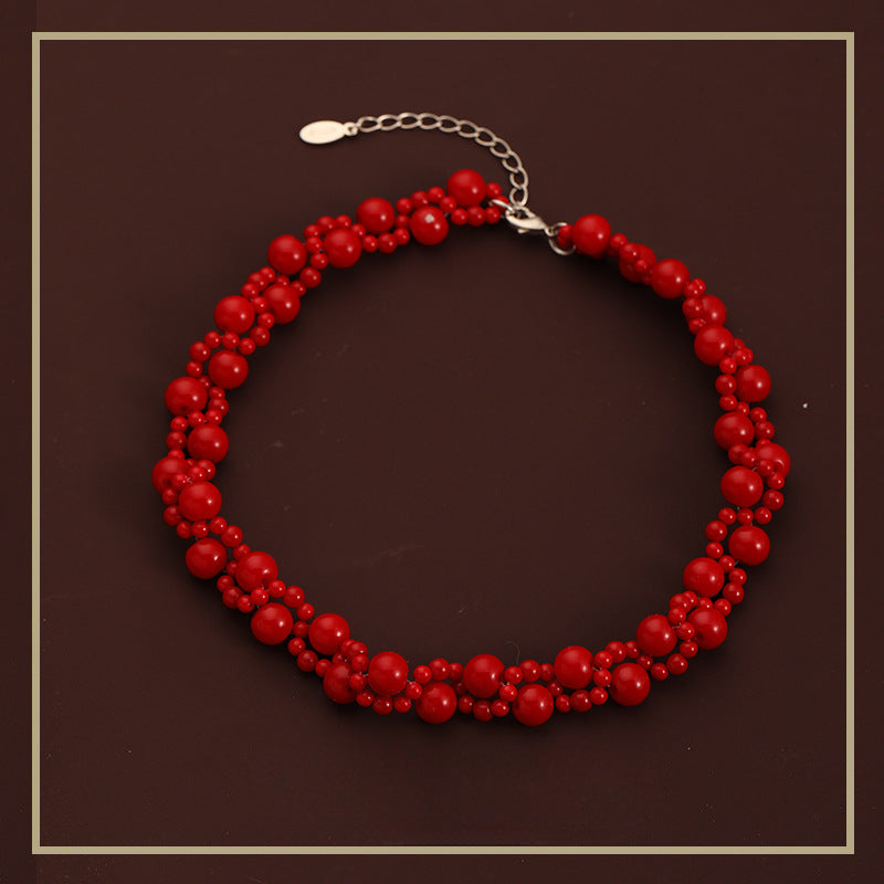 53-Chinese style retro double layer twisted red beaded necklace