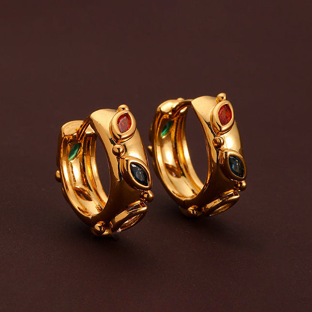 100-Simple retro personality colorful zircon leaf exquisite earrings