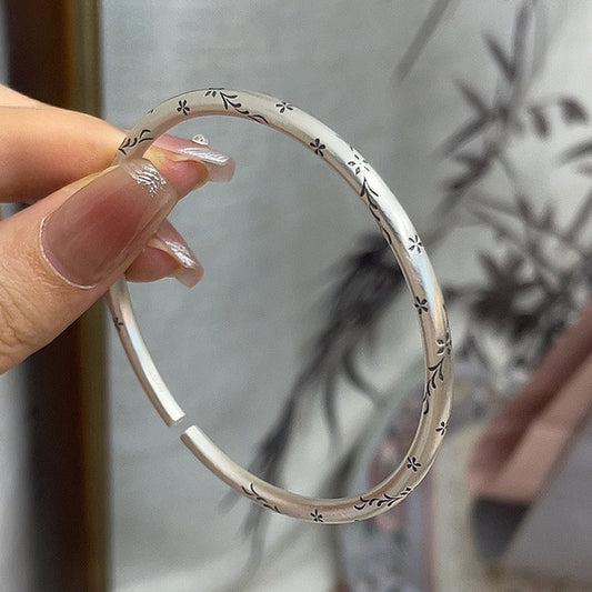 New Chinese style old car flower leaf round stick sterling silver bracelet