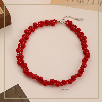 53-Chinese style retro double layer twisted red beaded necklace