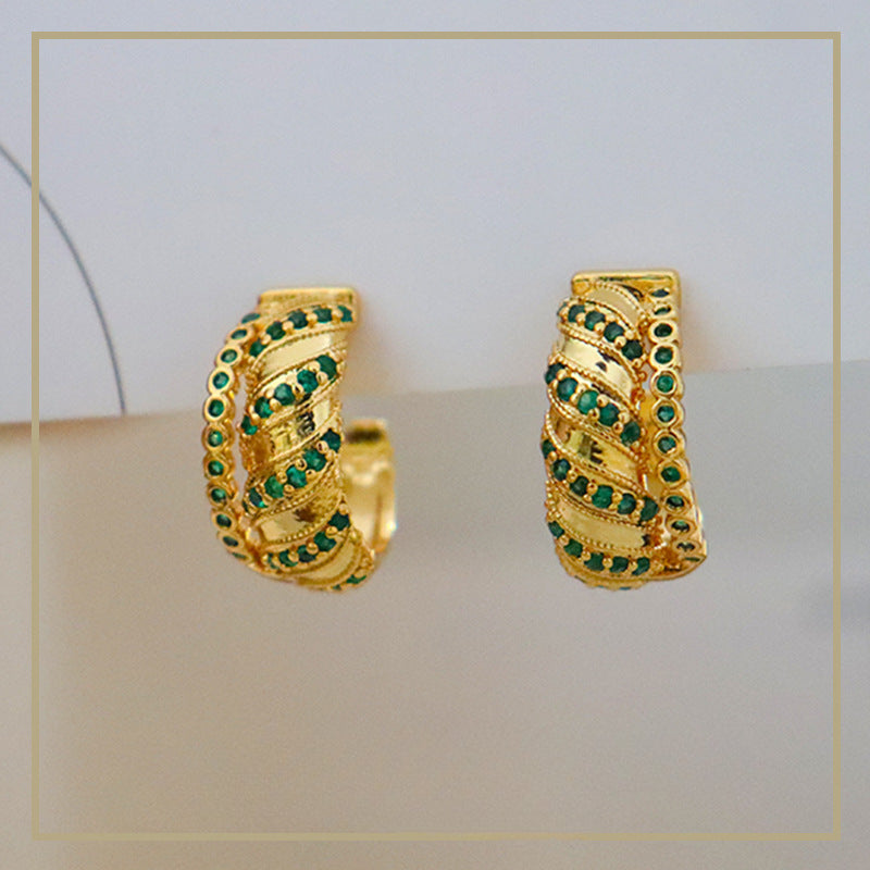 90-High-grade retro green zircon c-shaped earrings