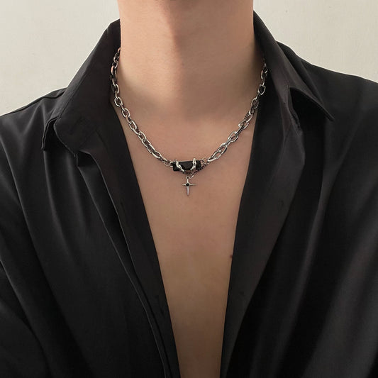 Hip Hop Black Gem Double Layer Clavicle Chain Necklace