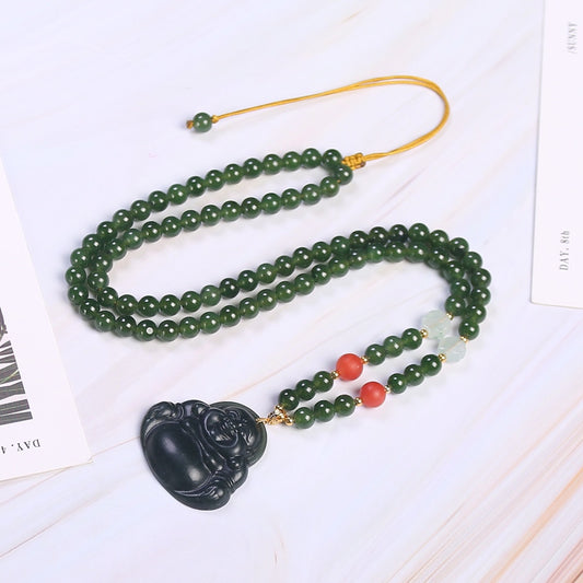 Chinese style 18k buckle tower green jasper necklace