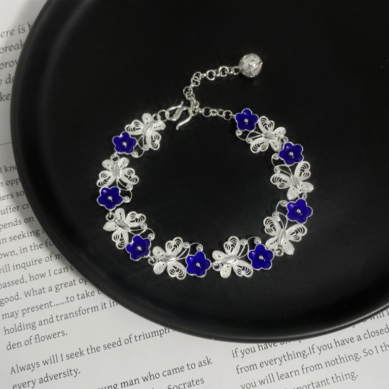 Ethnic style butterfly flower sterling silver bracelet