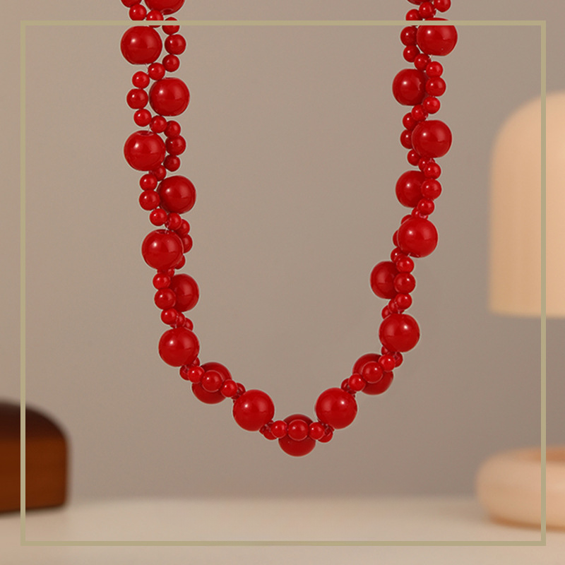 53-Chinese style retro double layer twisted red beaded necklace