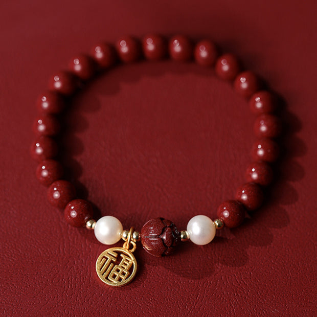 Retro Chinese style cinnabar pearl lotus bracelet