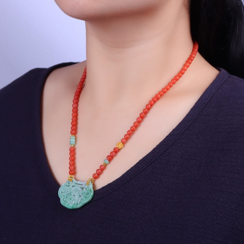 Chinese style natural jadeite and red nanhong necklace