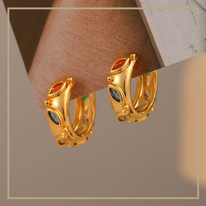 100-Simple retro personality colorful zircon leaf exquisite earrings