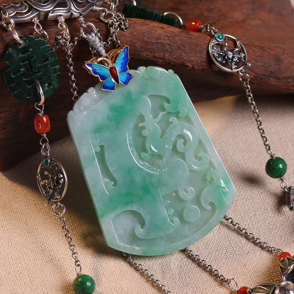 Chinese style jade inlaid sweater necklace