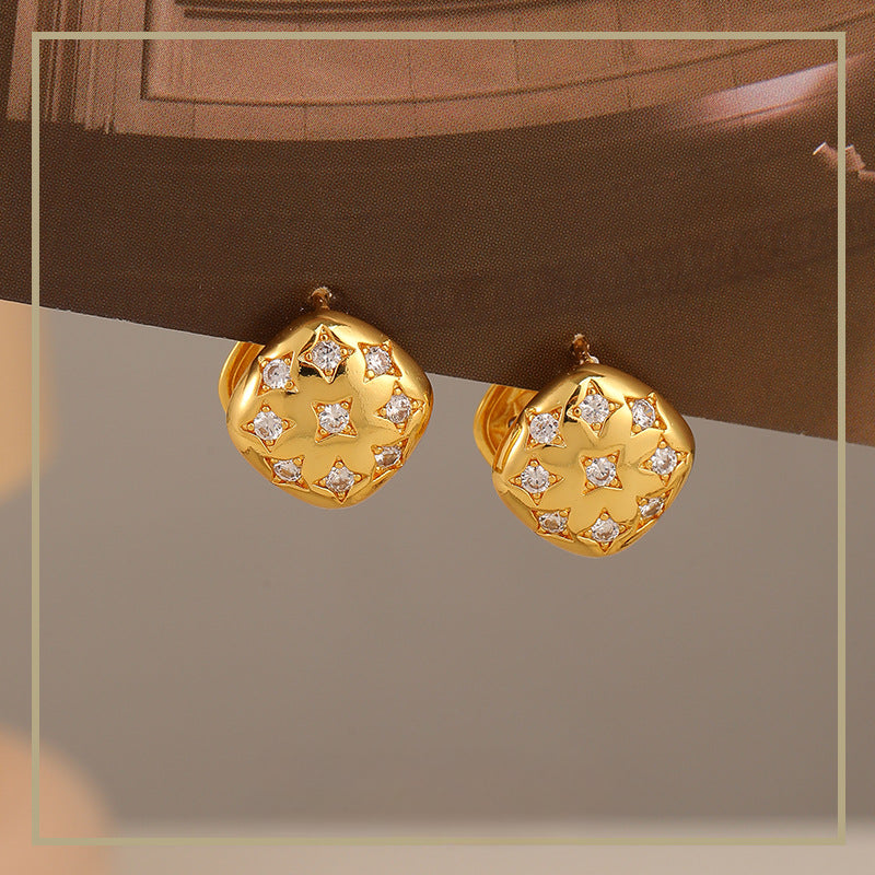 83-Simple retro three-dimensional square star zircon earrings