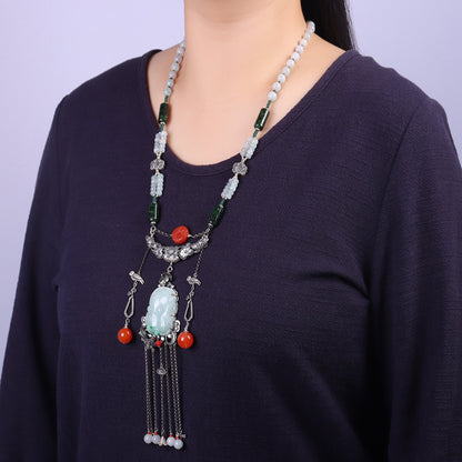 Chinese style jade inlaid sweater necklace