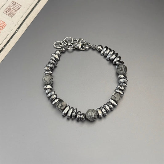 Retro cold style natural stone broken silver beaded men's bracelet couple model