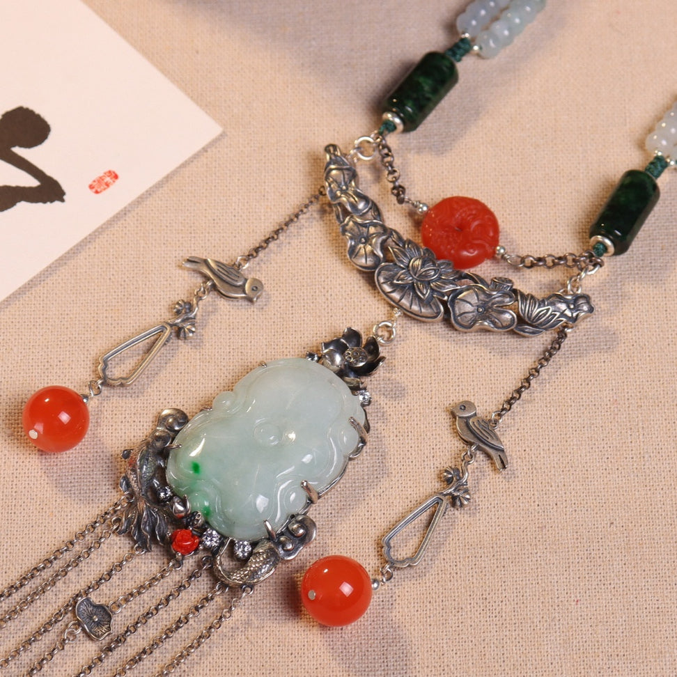 Chinese style jade inlaid sweater necklace