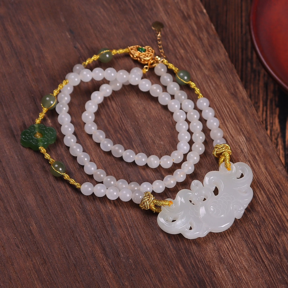 Chinese style Hetian jade old material Phoenix necklace