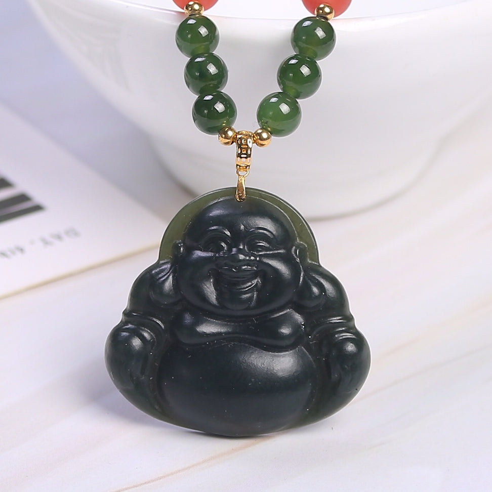 Chinese style 18k buckle tower green jasper necklace