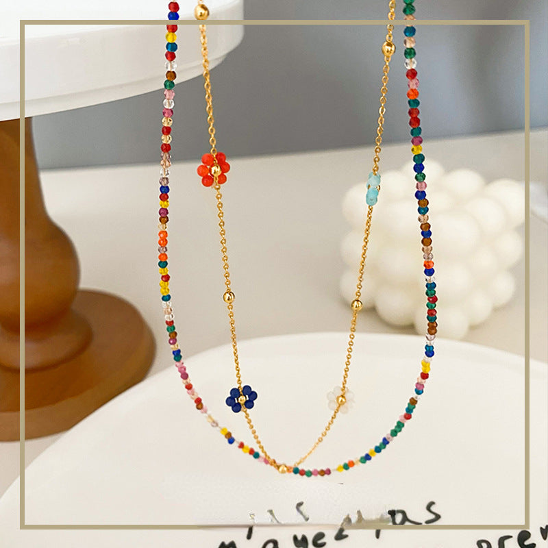 26-High-grade colorful zircon beaded flower stacking necklace