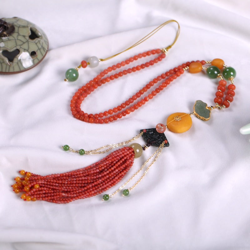 Chinese style natural red clothing necklace earrings set