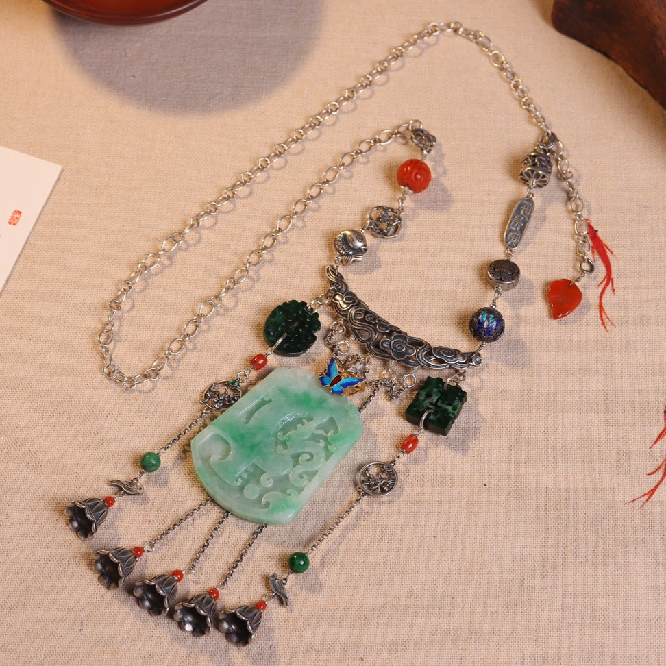 Chinese style jade inlaid sweater necklace