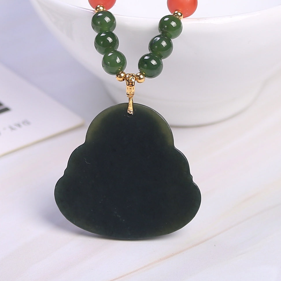 Chinese style 18k buckle tower green jasper necklace