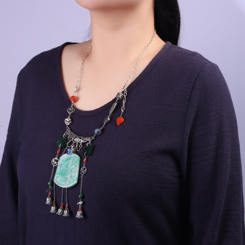 Chinese style jade inlaid sweater necklace