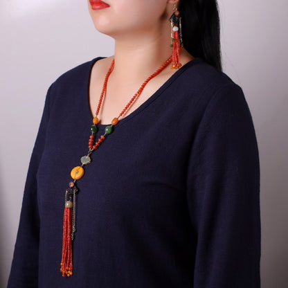 Chinese style natural red clothing necklace earrings set