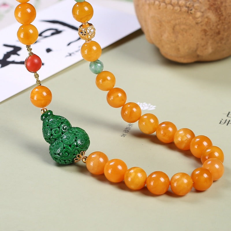 Chinese style white flower amber jade necklace