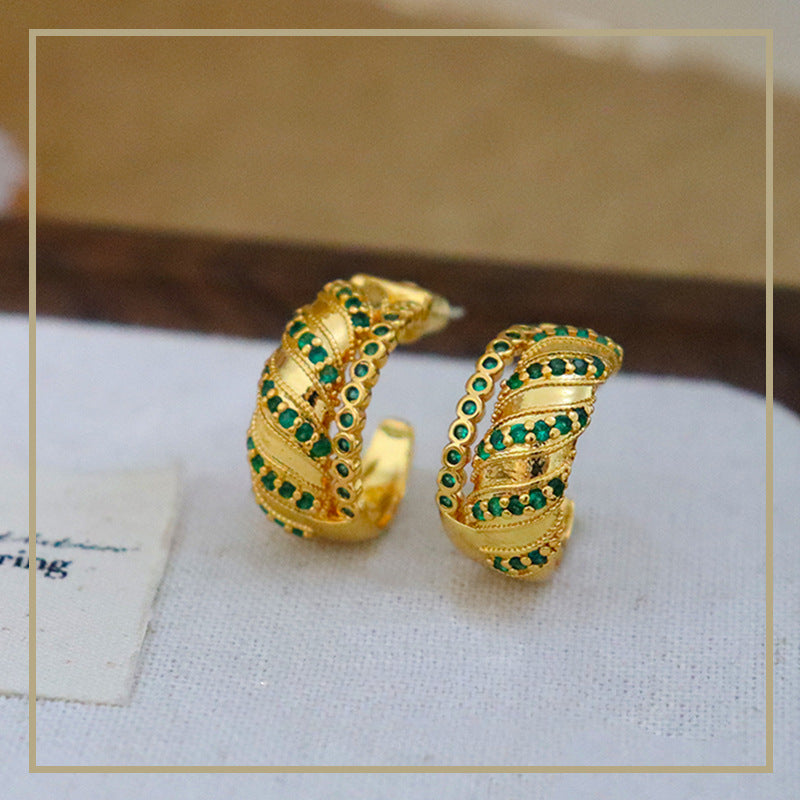 90-High-grade retro green zircon c-shaped earrings