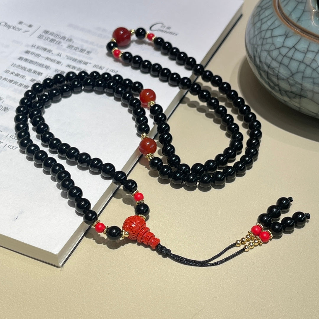 Chinese style obsidian 108 Buddhist beads dual-purpose necklace