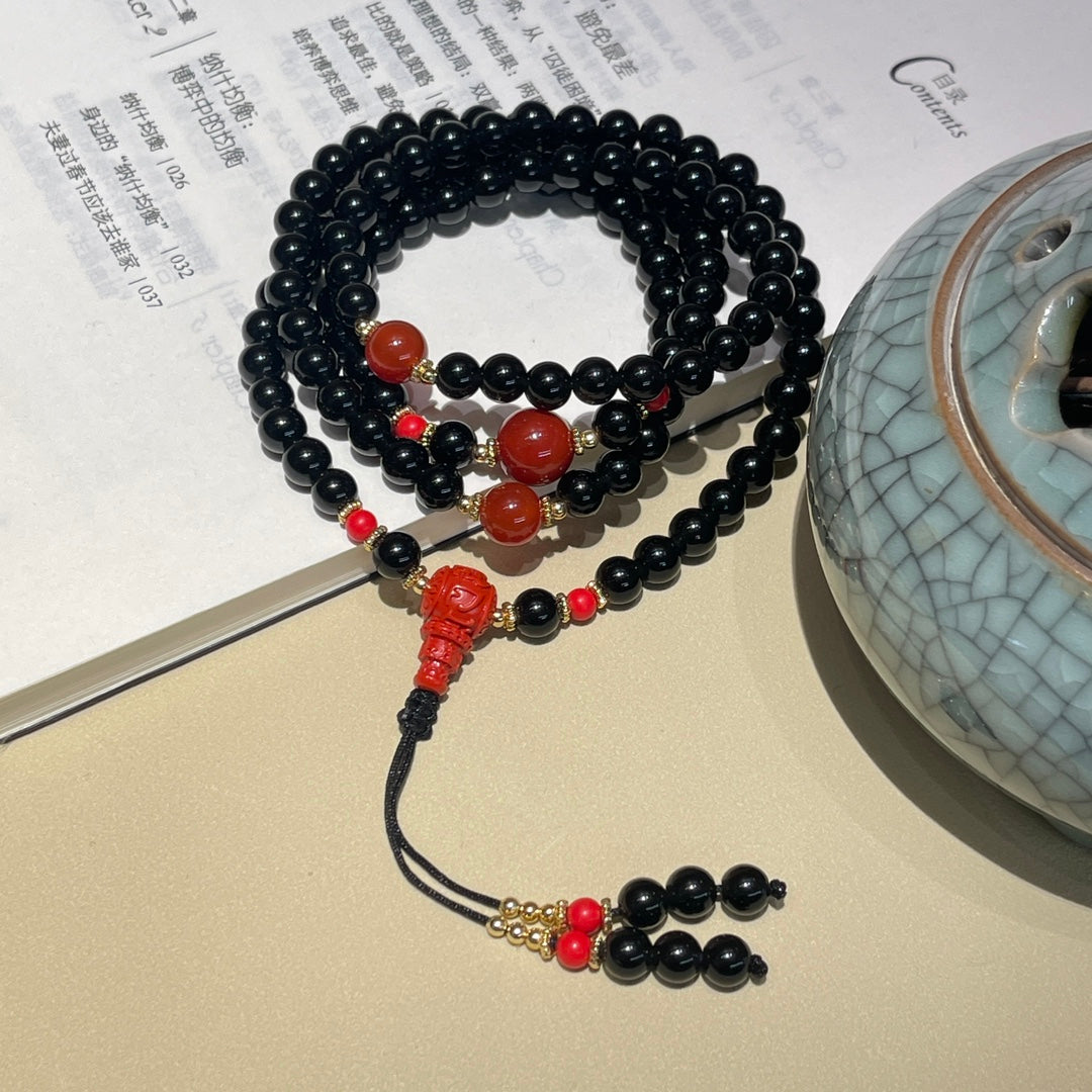 Chinese style obsidian 108 Buddhist beads dual-purpose necklace