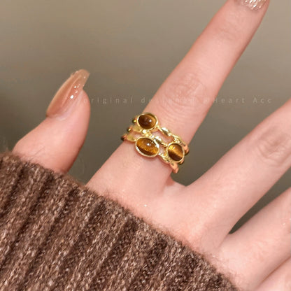 Personalized and fashionable tiger eye stone hollow wide edge ring