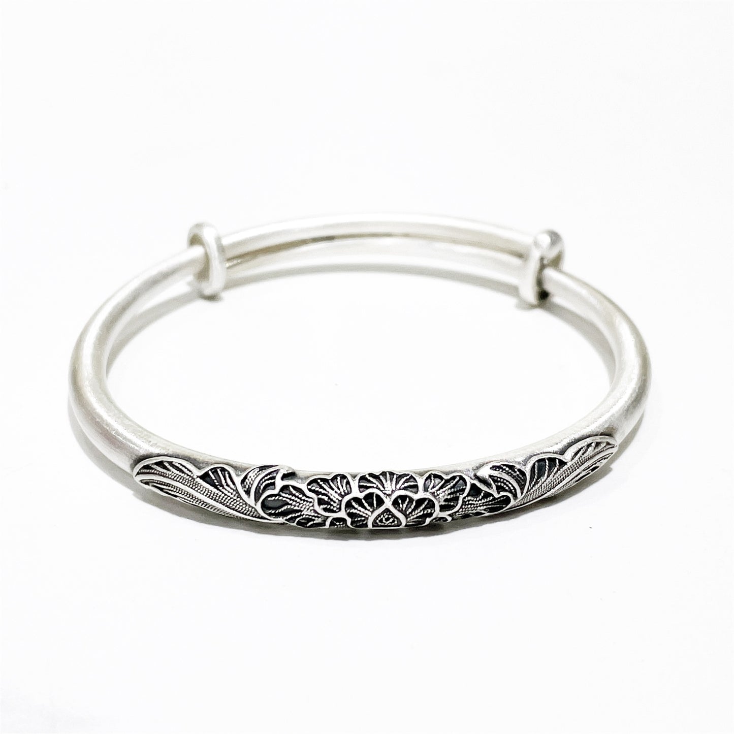 Ethnic style peony round stick sterling silver bracelet