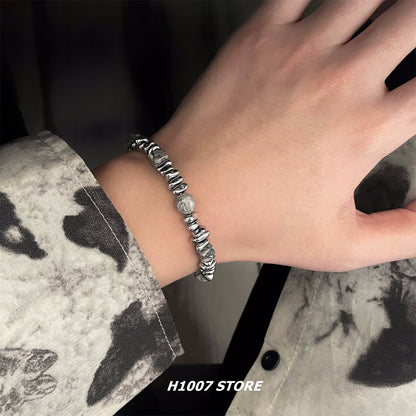 Retro cold style natural stone broken silver beaded men's bracelet couple model