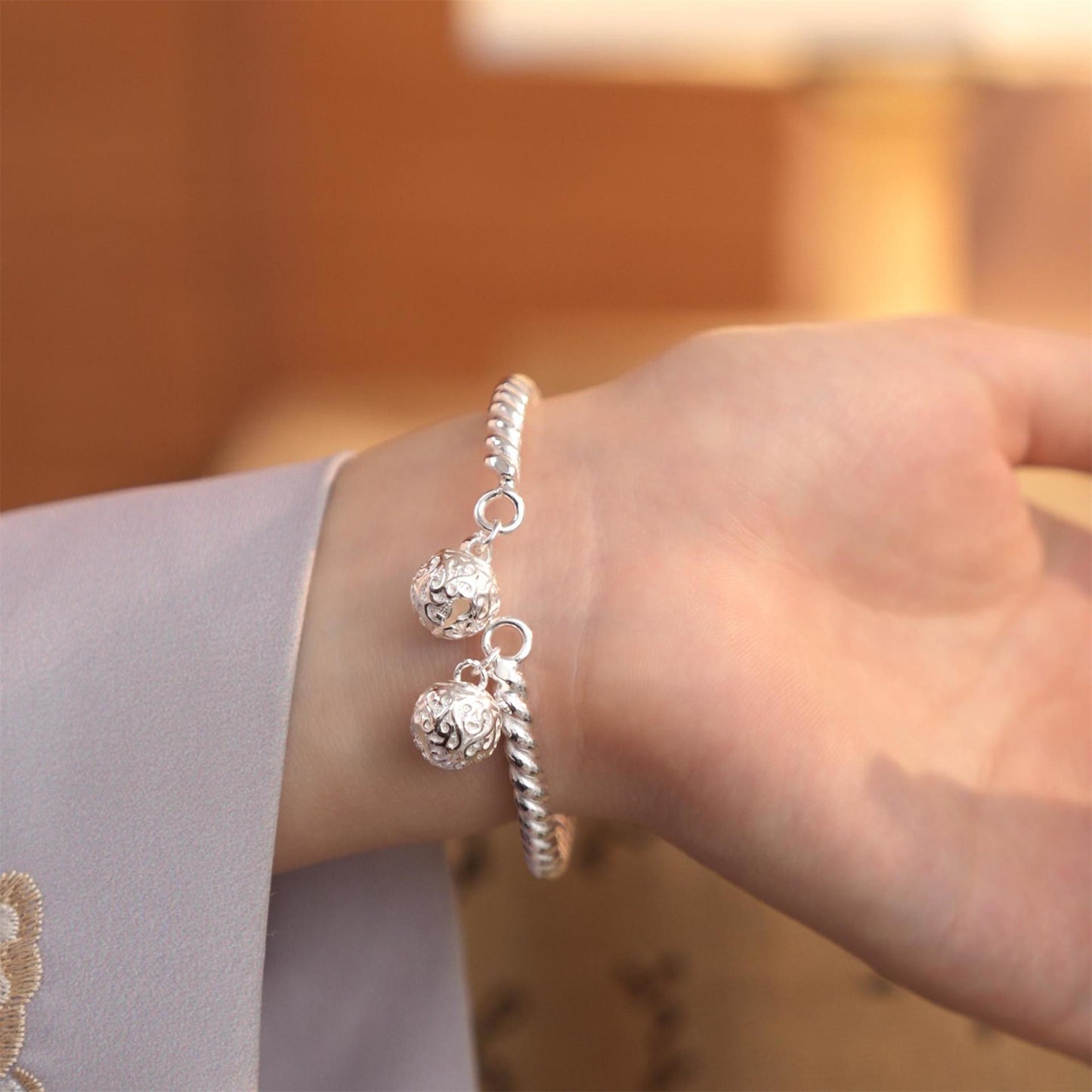 Chinese Braided Twist Hanging Bell Sterling Silver Bracelet