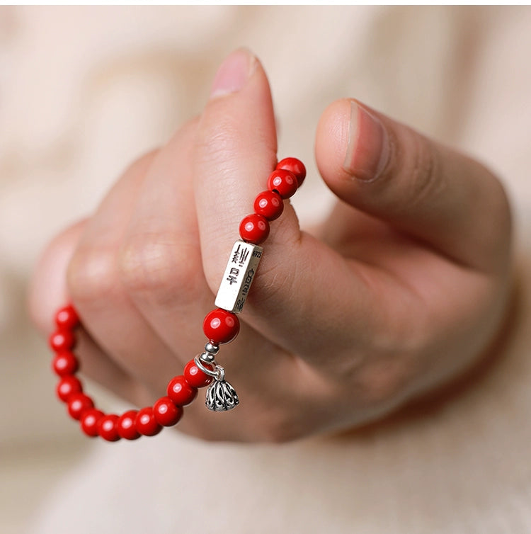 Retro New Chinese Style Cinnabar Red Sand Bracelet Pure Silver Ruyi Lotus Bracelet Women's