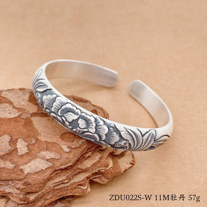 Ethnic style lotus peony sterling silver bracelet