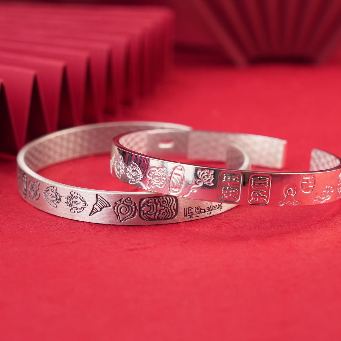 Chinese style lucky wide sterling silver bracelet