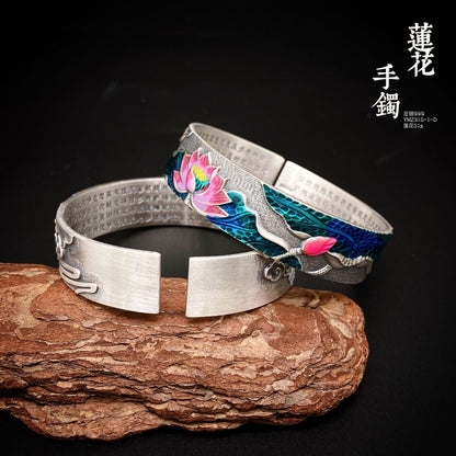 Chinese style lotus heart sterling silver bracelet