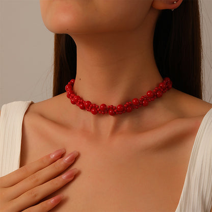 53-Chinese style retro double layer twisted red beaded necklace