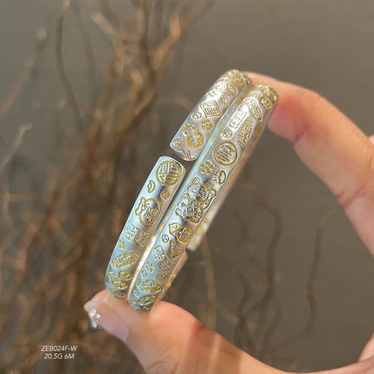 Ancient gold-painted lucky cat sterling silver bracelet