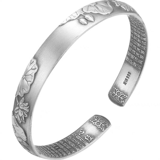 Wide embossed lotus sterling silver bracelet