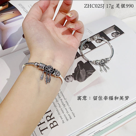 Fashionable and simple feather sterling silver bracelet