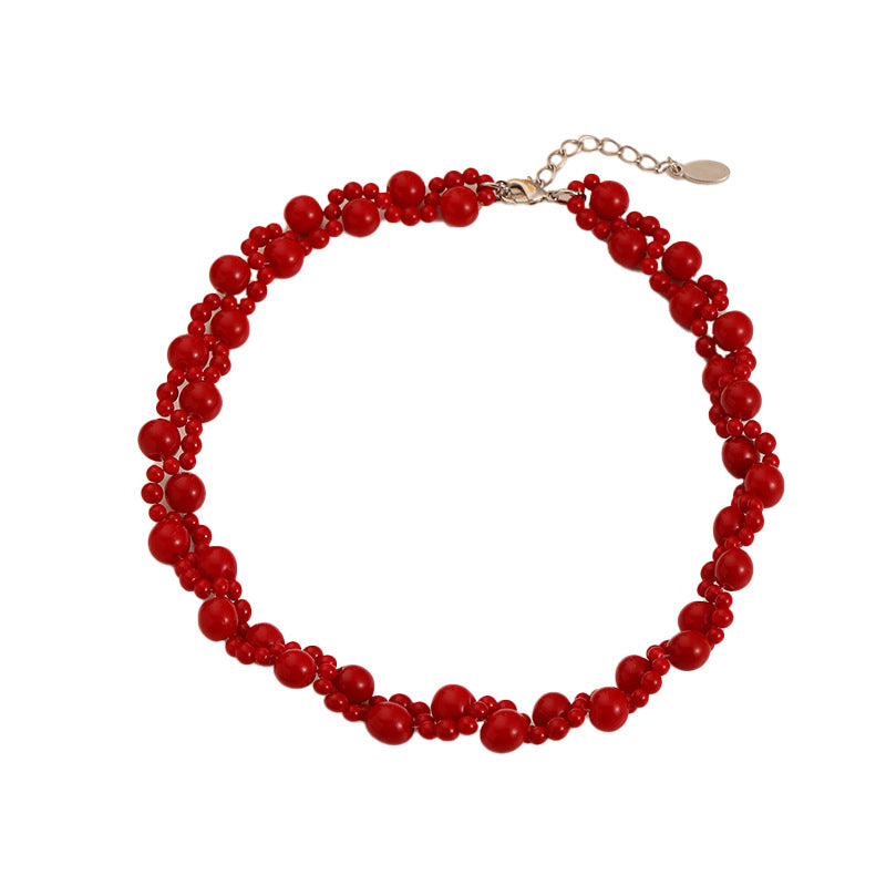 53-Chinese style retro double layer twisted red beaded necklace