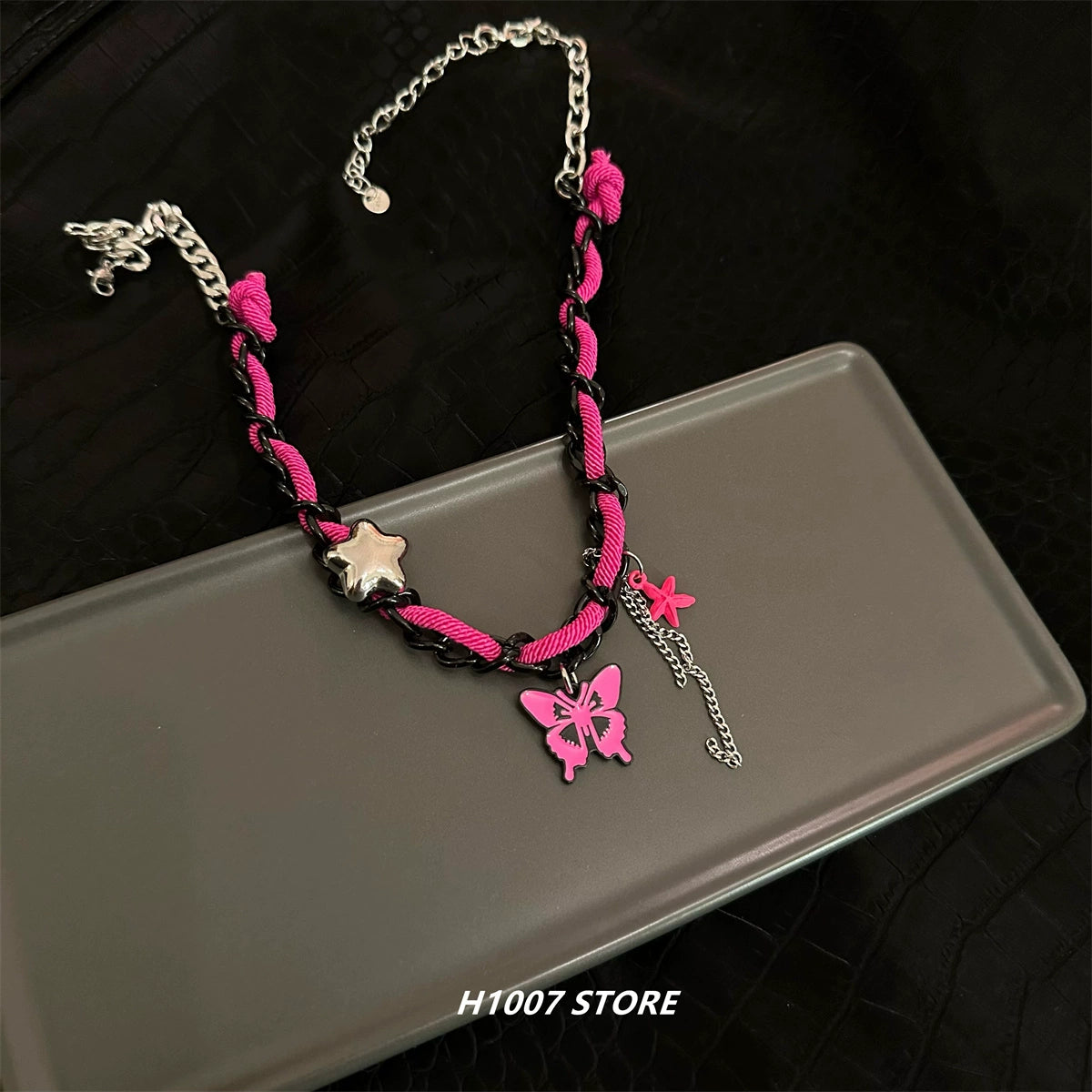 Fashion hip-hop pink butterfly stitching necklace