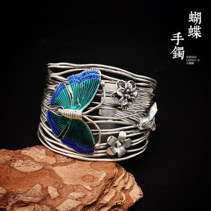 Chinese style butterfly flower sterling silver bracelet