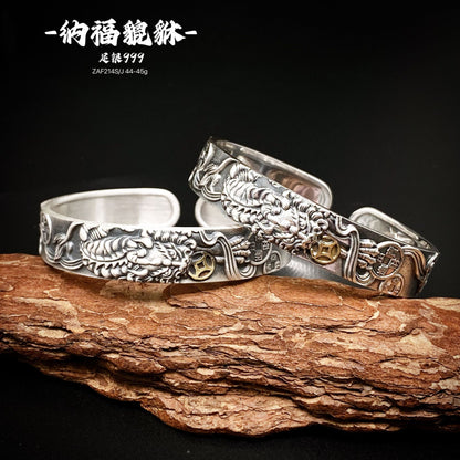 Chinese style relief carp pixiu sterling silver bracelet