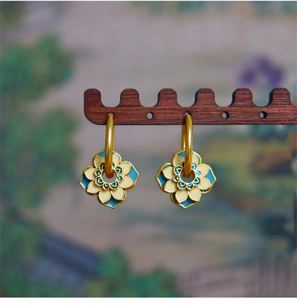 95-Oriental Ancient Style Oil Drop Enamel Summer Flower Earrings