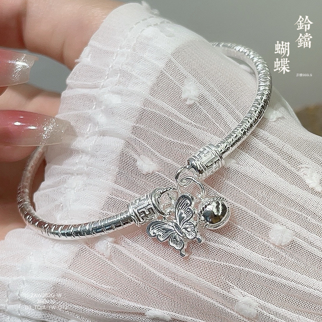 China round stick hanging bell butterfly sterling silver bracelet